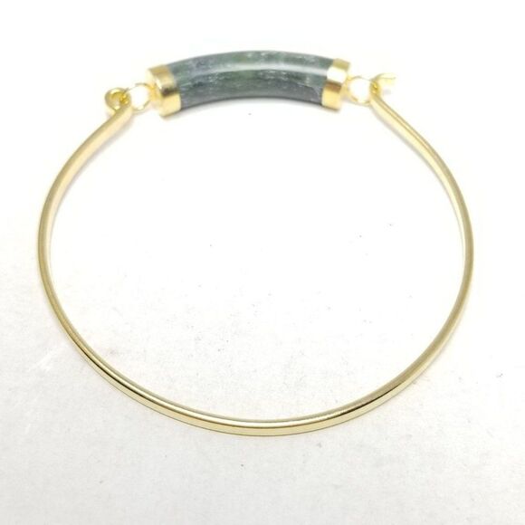 Vintage Green and Gold Tone Bangle Bracelet, Minimal Design, Stacking Estate - Picture 2 of 5